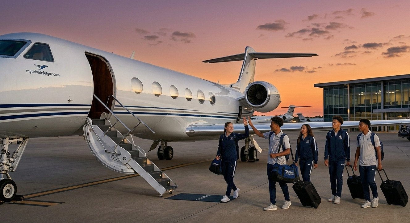 A group of travelers approaching a private aircraft